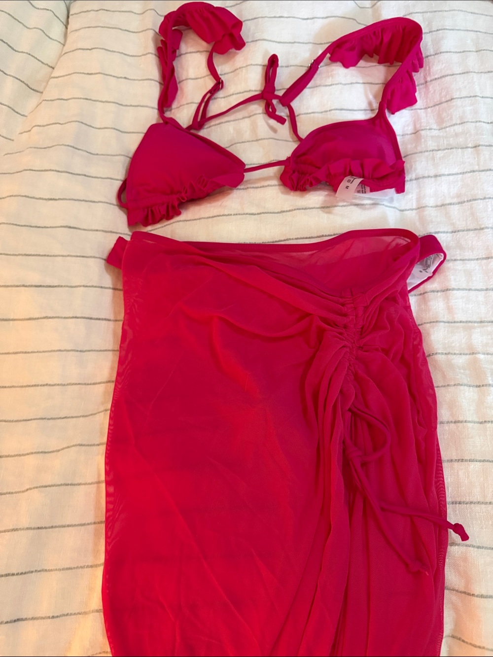 3 piece Bright Pink Ruffle Triangle Bikini Set - Picture 5 of 5